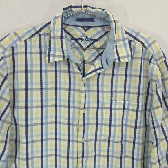 Tommy Bahama Shirt Mens L Blue Yellow Plaid Pinehurst Putter Boy Cuff Button Up - Picture 2 of 11